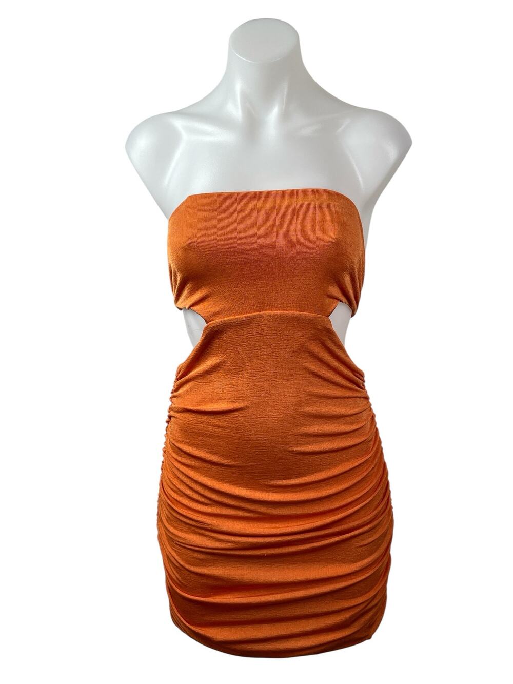 Tiger Mist Coral Strapless Tube Bandeau Cutout Tie Ruched Mini Bodycon Dress M
